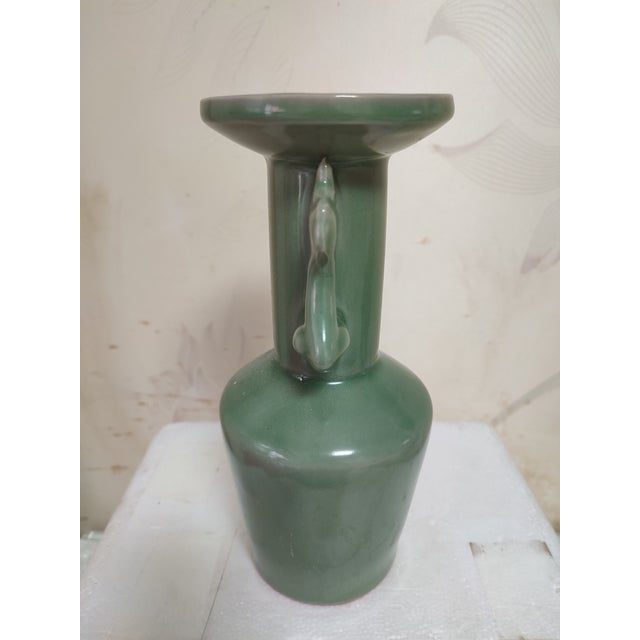 Chinese Ceramic Vase Longquan Ware Celadon Vase Hand Carved Double Dragon Ears For Sale - Image 9 of 11