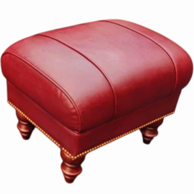 Empire and William IV Periods Inspired Vintage Red Leather Armchair & Ottoman For Sale - Image 11 of 12
