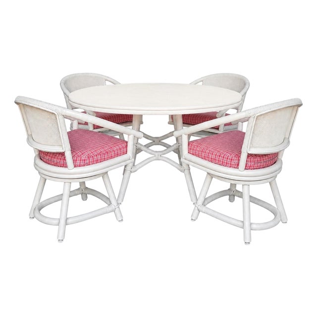 1960s Bamboo Game Table and Four Swivel Chairs Attributed to Ficks Reed - A Set For Sale