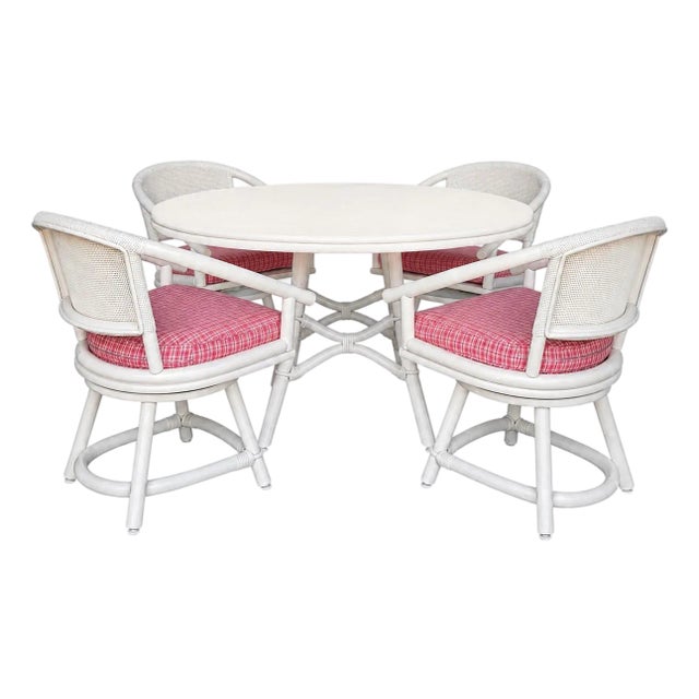 1960s Bamboo Game Table and Four Swivel Chairs by Ficks Reed - A Set For Sale