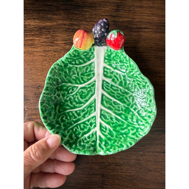 Vintage Gift Ideas Creation Japan Green Cabbage Leaf Serving Dish, Mid Century Ceramic Tidbit Tray, Fruit Motif Majolica For Sale - Image 4 of 9