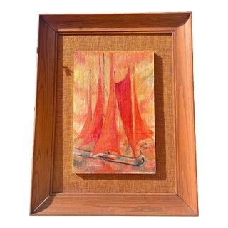Large Mid Century Modern Ship Art W Orange Background Signed Juanita Bowlin ‘63 For Sale