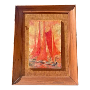 Large Mid Century Modern Ship Art W Orange Background Signed Juanita Bowlin ‘63
