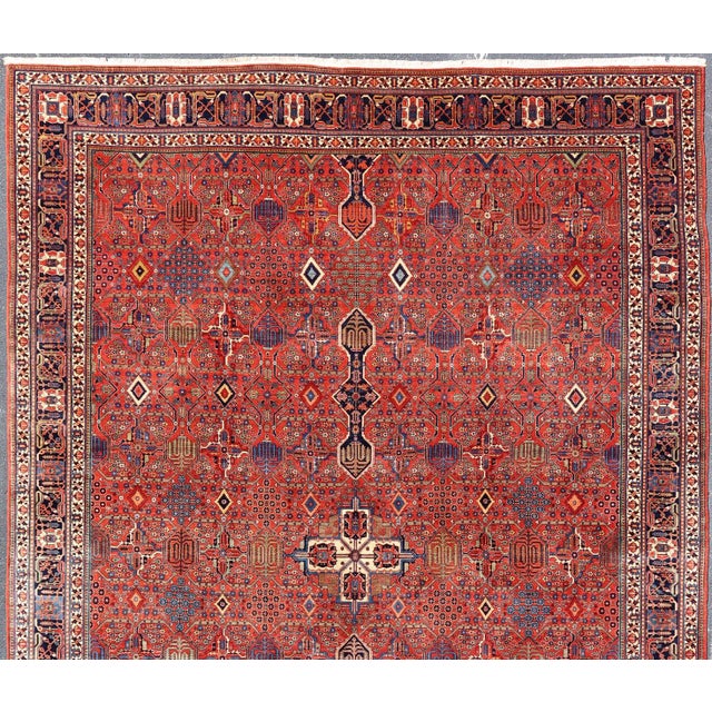 Tribal Antique Joshegan Rug With Rich Red Field, Geometric Motifs and Navy Borders 12 X 16'5 For Sale - Image 3 of 16