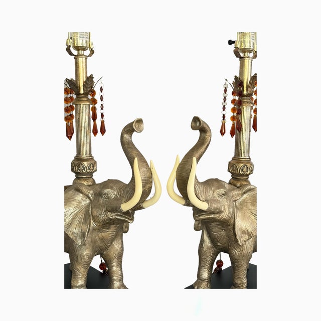 Pair of Vintage Elephant Table Lamps With Original Pagoda Shades - Attributed to Mark Roberts For Sale - Image 4 of 8