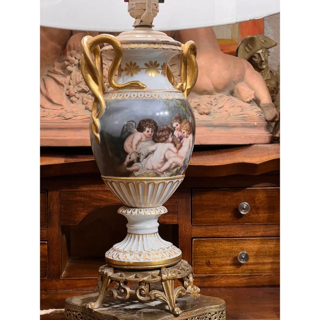 French Country Late 19th Century French Louis XVI Style Hand Painted & Gilded Porcelain Vase Turned to a Table Lamp For Sale - Image 3 of 11