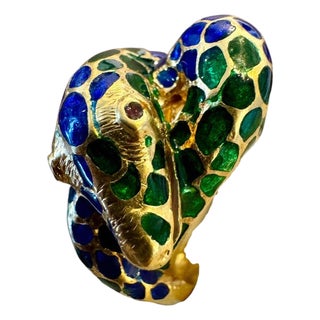 Blue & Green Enamel Snake Animal Cocktail Ring in 18 Karat Yellow Gold Size 5 For Sale