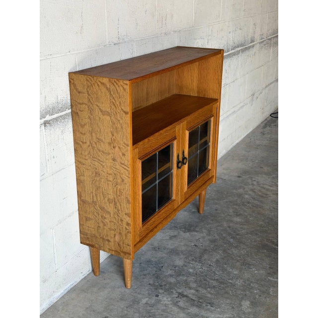 Mid-Century Modern Oak Glass Cabinet With Leaded Doors Danish Mid-Century Modern 1960s For Sale - Image 3 of 11