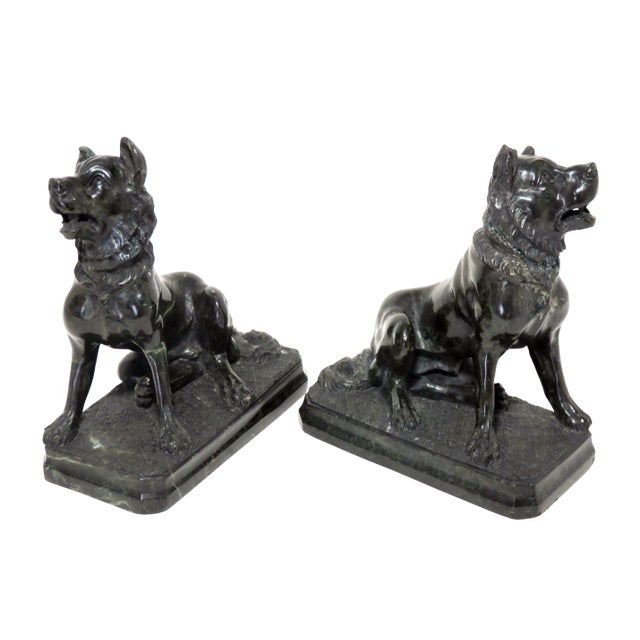 Antique Hand Carved Hard Stone - Marble Figuraive Dog Bookends - a Pair For Sale