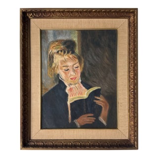 Vintage Woman Reading Portrait Oil on Masonite Board, Framed For Sale