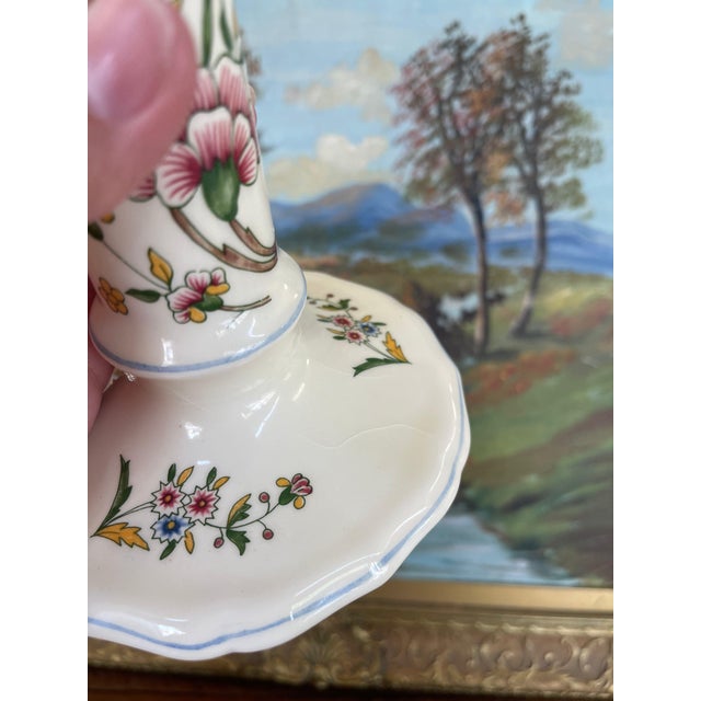 1970s Pair of Hand-Painted French Chinoiserie Style Gien France Ceramic Candlesticks - Floral Motif, Stamped For Sale In Seattle - Image 6 of 7