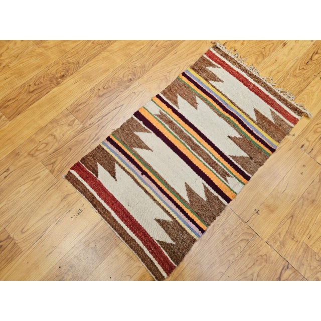 Vintage Native American Navajo Area Rug, Handwoven Wool, Geometric Band Pattern, Ivory, Rust, Purple, Yellow, 2x3 For Sale In Chicago - Image 6 of 14