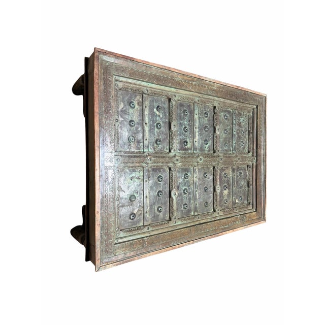 Wood Antique 19th-Century Indian Teak Door & Iron Studded Coffee Table With Glass Top For Sale - Image 7 of 10