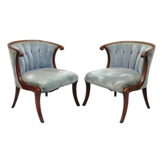 Vintage French Hollywood Regency Mahogany Saber Leg Parlor Lounge Chair - A Pair For Sale