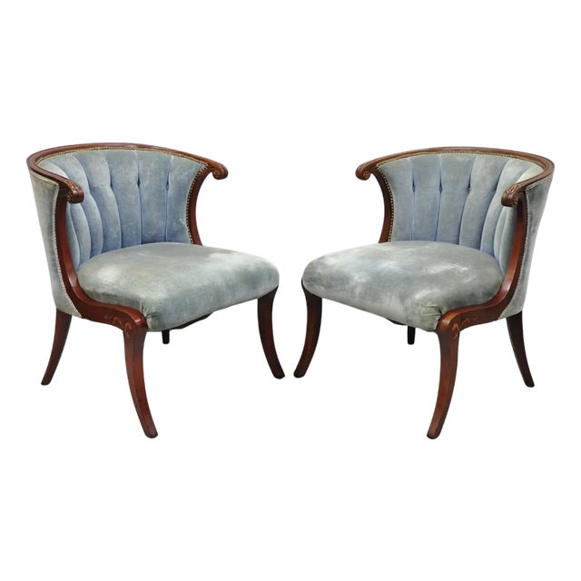 Vintage French Hollywood Regency Mahogany Saber Leg Parlor Lounge Chair - A Pair For Sale