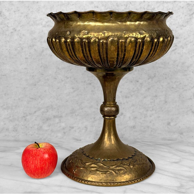 Original 1970's Traditional Brass Compote Centerpiece Hammered Brass with a Heavily Decorated Repousse Floral Motif Fluted...