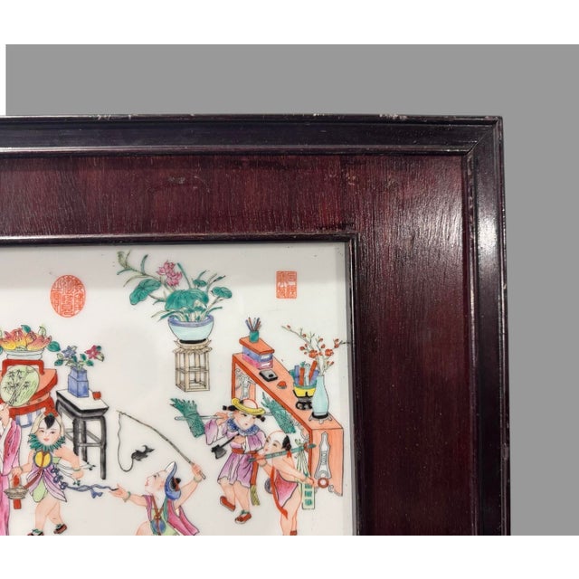 Antique Chinese Famille Rose Hand Painted Scenic Porcelain Plaque w People In very good original condition showing some...
