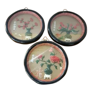 Vintage Chinese Shadow Box Art Round, Framed Wall Art, Taiwan Roc- Set of 3