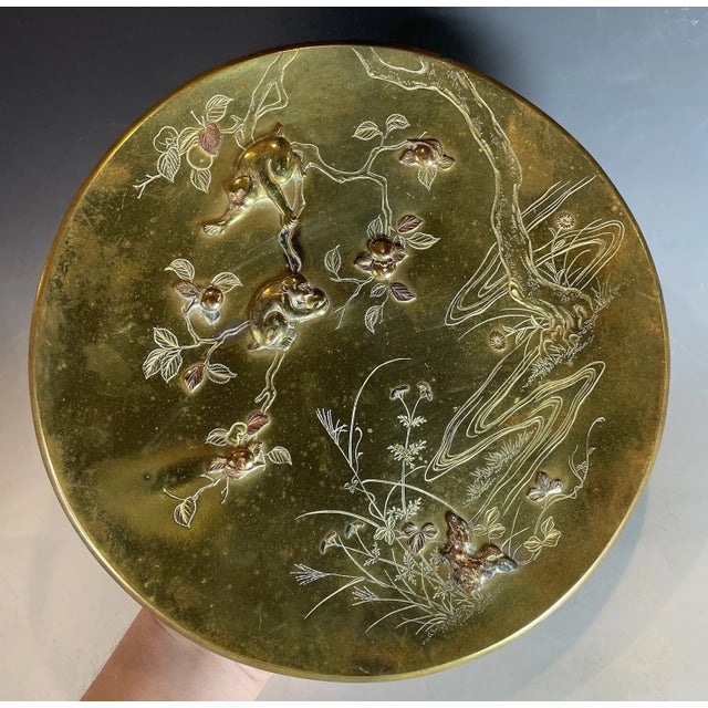 Late 19th Century Fine Antique Meiji Japanese Mixed Metal Display Plate Charger Bronze Gilt Monkey For Sale - Image 5 of 13