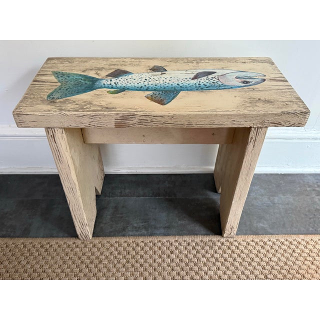 1980s Rustic Folk Art Hand Painted Fish Small Table For Sale - Image 10 of 10