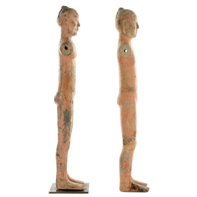 Light Pink Pair of Chinese Han Tall Slender Terracotta Figures For Sale - Image 8 of 9