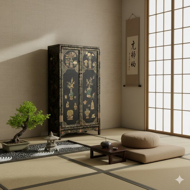 Vintage Oriental Black Lacquer Color Flower Vases Graphic Storage Cabinet For Sale - Image 9 of 11