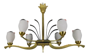 Art Deco French White Glass, Bronze, Brass and Iron Six-Light Chandelier, 1920s