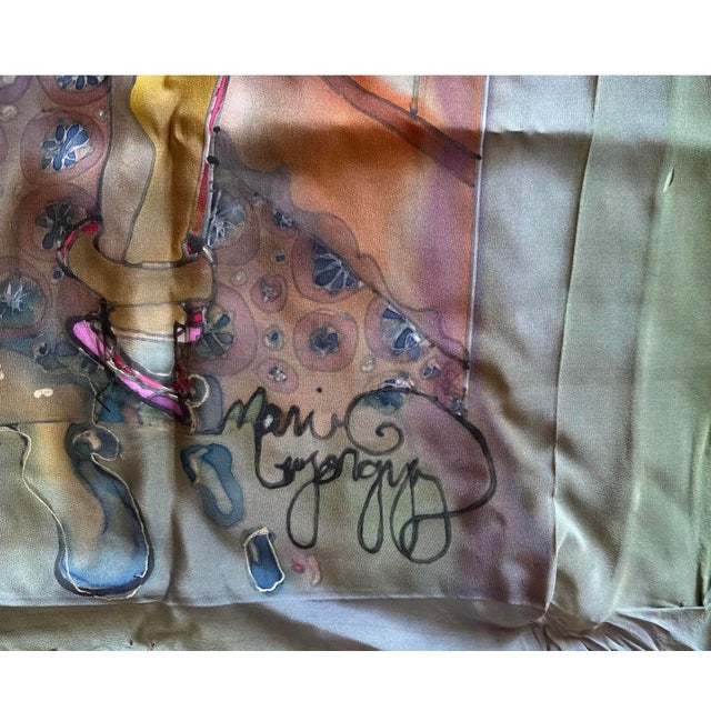 Textile Mid Century European Water Colors Silk Painting Matisse Style Signed Multicolors For Sale - Image 7 of 10