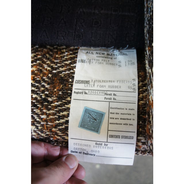 1950s Edward Wormley for Dunbar Mid Century Modern Tweed & Mahogany Bracket Back Sofa For Sale - Image 12 of 12