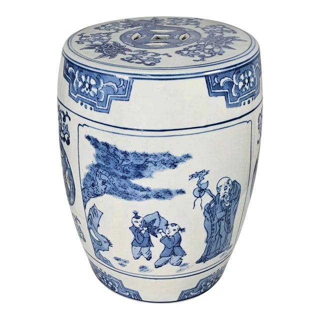 Vintage Chinese Blue and White Porcelain Garden Stool Shouxing Peach Longevity Motif 13" For Sale