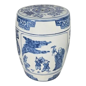 Vintage Chinese Blue and White Porcelain Garden Stool Shouxing Peach Longevity Motif 13"