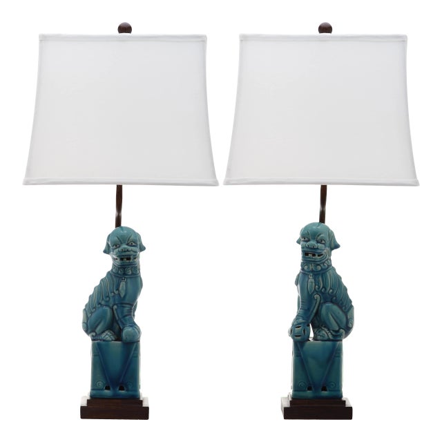 Style of Foo Dog 28" Table Lamp in Blue - a Pair For Sale