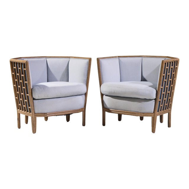 Barbara Barry for McGuire Rattan Fretwork Lounge Chairs - Pair For Sale