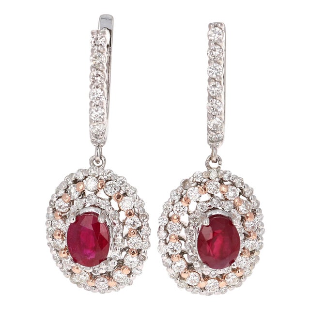 Roshe Jewels Ruby Earrings, 3.55 Carats Ruby and Diamond Earrings in 14k Gold, A Pair For Sale