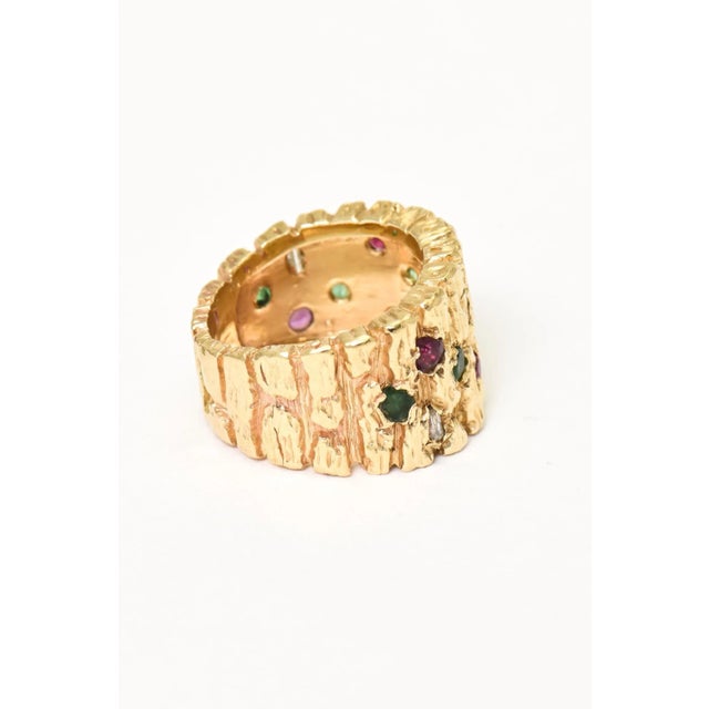 Metal Modernist Diamond, Ruby, Emerald and Sapphire Gold Ring size 4 For Sale - Image 7 of 8