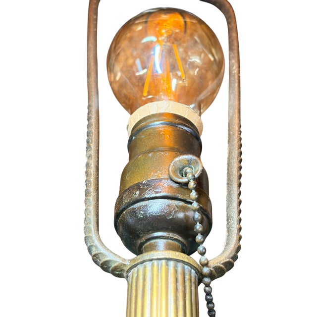 Antique 1910s Edward Miller Table Lamp With Original Copper Finish, 1920s Orange and Gold Mica Shade With Rewired Pullchain Socket For Sale - Image 12 of 18