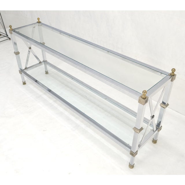 Late 20th Century Two Tier Glass Shelves Chrome & Brass Rectangle 60" Long Italian Console Table For Sale - Image 5 of 14