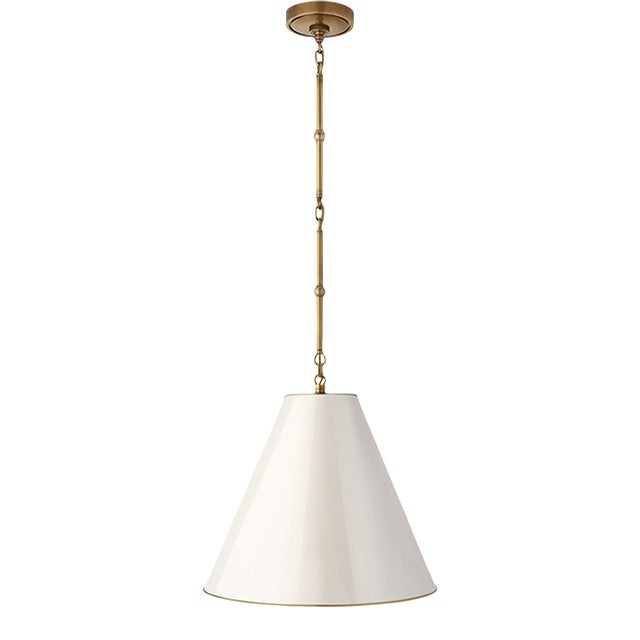 Thomas O'Brien for Visual Comfort Signature Goodman Small Hanging Light in Hand-Rubbed Antique Brass with Antique White Shade For Sale