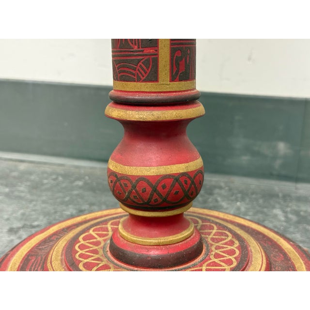 Burgundy Hand-Painted Round Pedestal Game Table, Vintage For Sale - Image 8 of 12