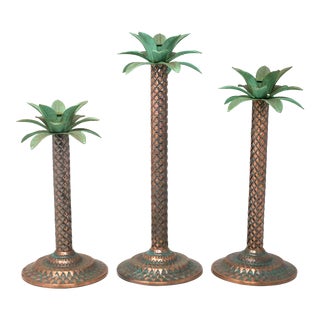 Metal Copper Palm Tree Taper Candle Holders - Set of 3 For Sale