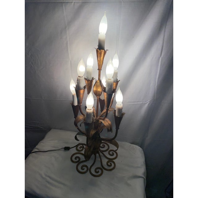 Mid-Century Modern Mid Century Modern Italian Candelabra Lamp Gilt Iron Tole 9 Light For Sale - Image 3 of 8