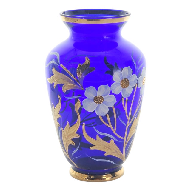 Bohemian Czech Hand-Blown Cobalt Blue Enamel & Fire-Gilt Cabinet Vase 8" For Sale