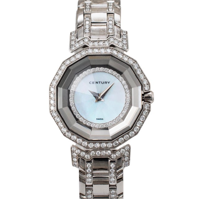 Brand: Century Gender: Ladies Metal Type: 18K White Gold Diameter: 27.00 mm Weight: 80.63 grams Century Ladies 18K white...
