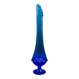 Fenton Valenicia Large MCM Vintage Blue Art Glass Swung Footed Vase 23 1/8" For Sale