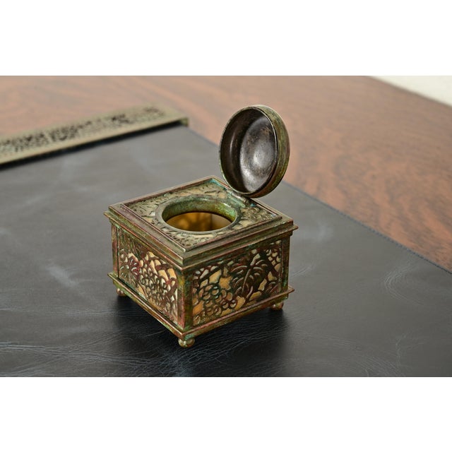 Bronze Tiffany Studios New York Grapevine Bronze and Favrile Slag Glass Inkwell For Sale - Image 8 of 13