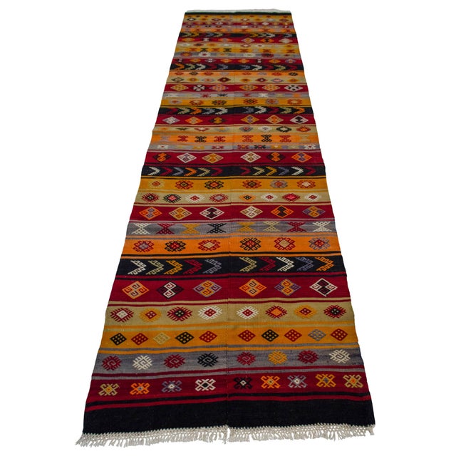 Vintage Turkish Kilim Runner Handwoven Wool Runner Tribal Long Hallway Rug 3x12 Ft Approx For Sale - Image 6 of 10