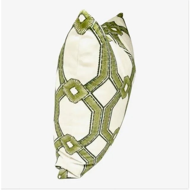 Embroidered geometric lattice pattern, spring green with dark green outline, background is off white. Medium weight,...