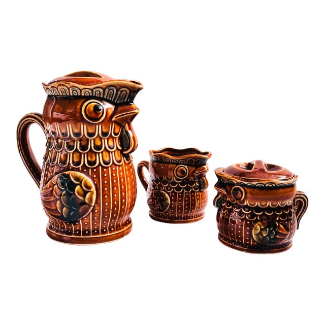 Mid Century Pottery Chicken Tea Set - Teapot, Creamer, and Sugar Bowl For Sale