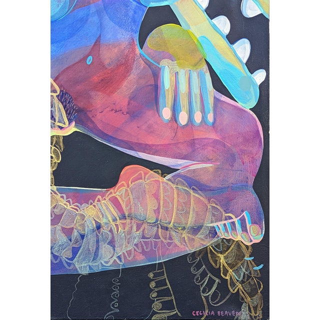 Textile Cecilia Beaven Contemporary Abstract Green and Pink Biomorphic Double Alligator Figure Painting, 21st Century For Sale - Image 7 of 10