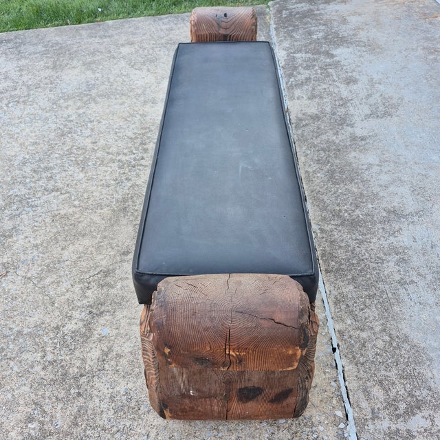 Brown Mid-Century William Westenhaver for Witco Attributed Tiki Polynesian Black Faux Leather & Carved Bench For Sale - Image 8 of 10
